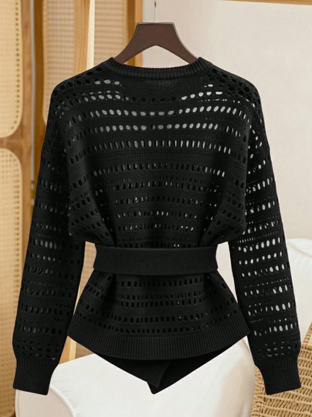 Black Casual Elegant Women's Round Neck Drop Shoulder Long Sleeve Knit Pullover - Picture 2 of 7